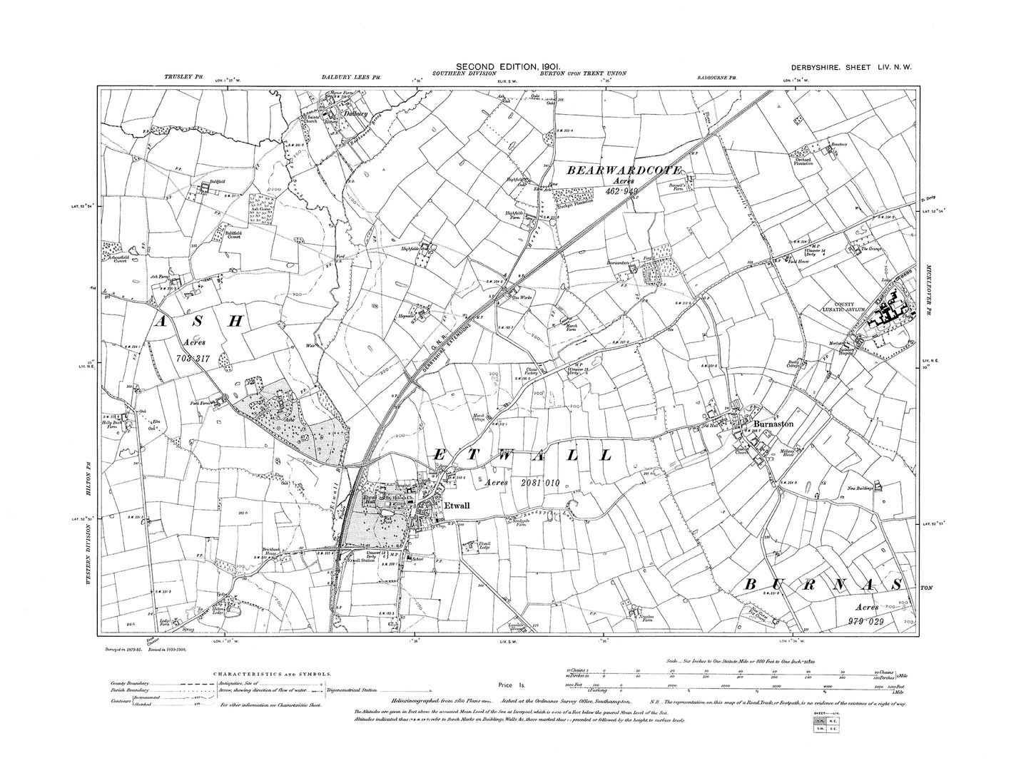 Old OS map dated 1901, showing Burnaston, Etwall in Derbyshire 54NW