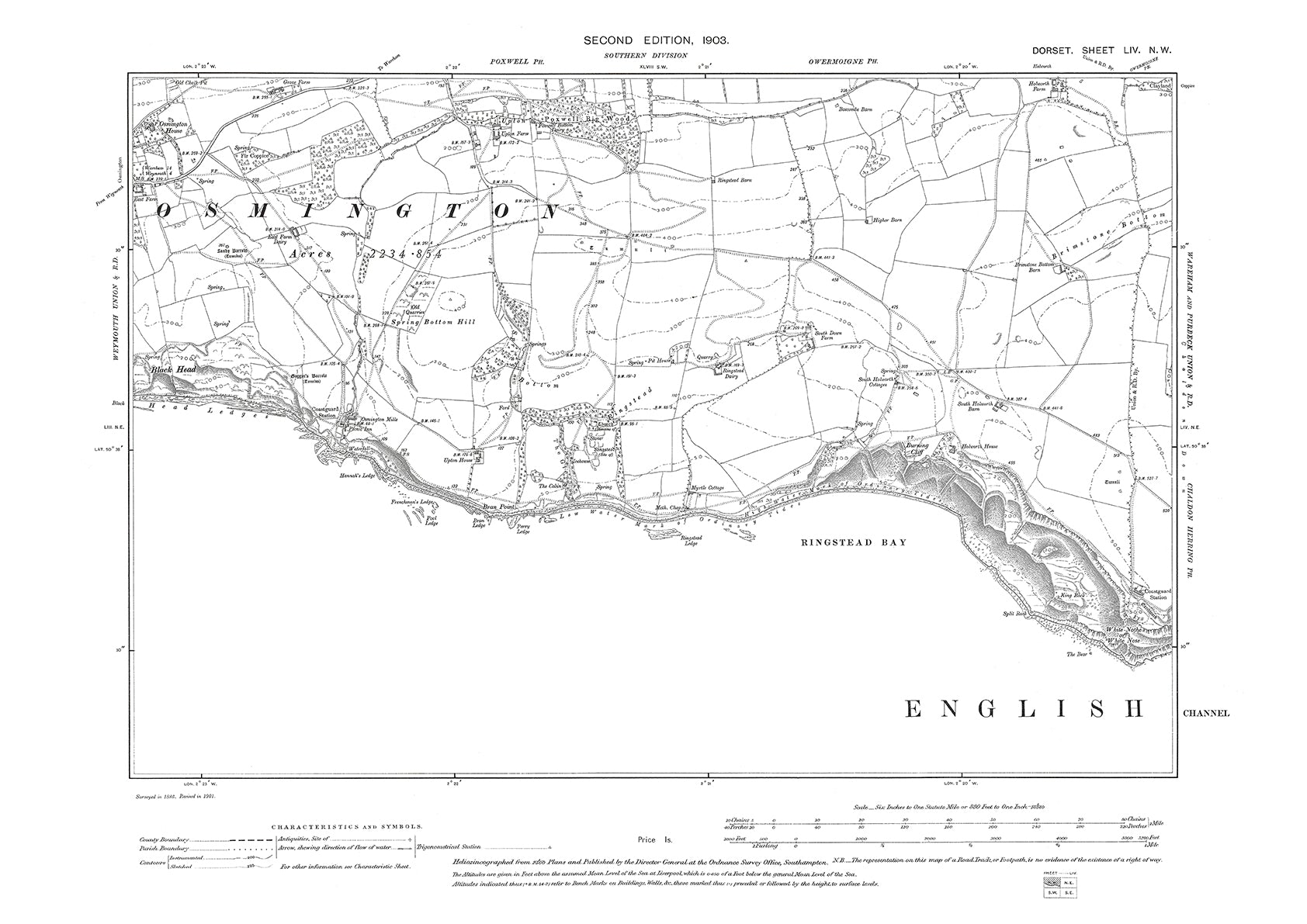 Old OS map dated 1903, showing Osmington (east), Ringstead Bay in Dors ...