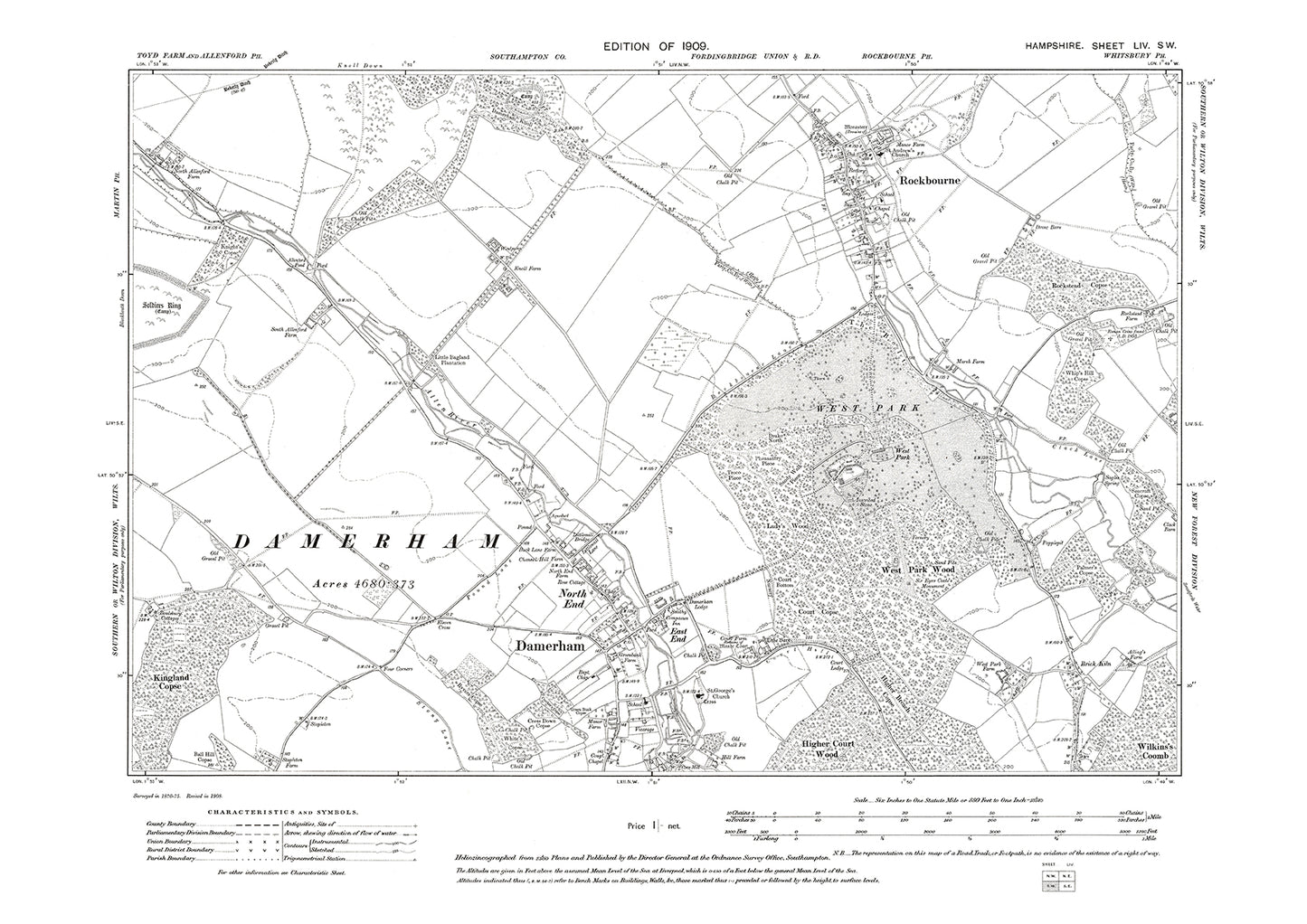 Old OS map dated 1909, showing Damerham, Rockbourne in Hampshire - 54SW