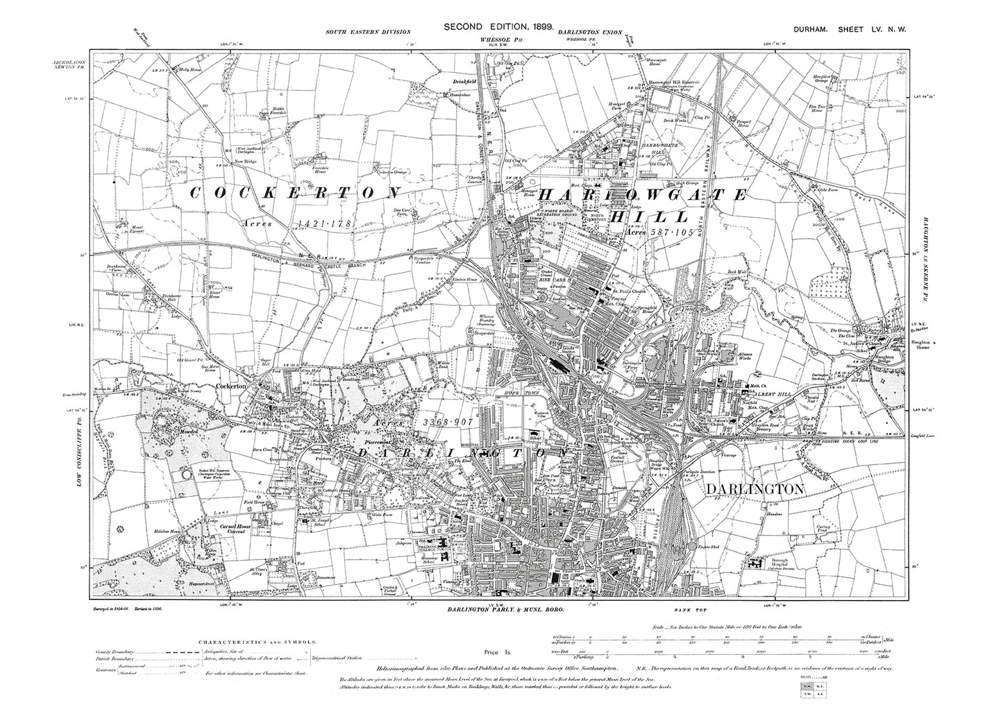 Old OS map dated 1899, showing Darlington (north) and Cockerton in Durham - 55NW