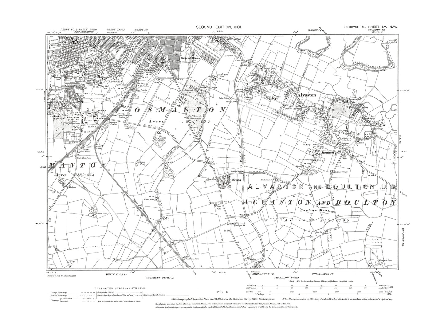 Old OS map dated 1901, showing Derby (southeast), Alvaston, Boulton in Derbyshire 55NW