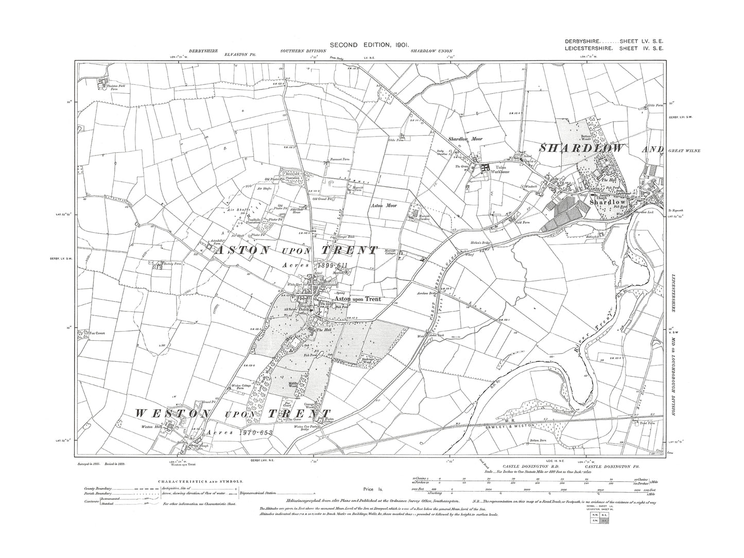 Old OS map dated 1901, showing Shardlow, Aston upon Trent in Derbyshire 55SE