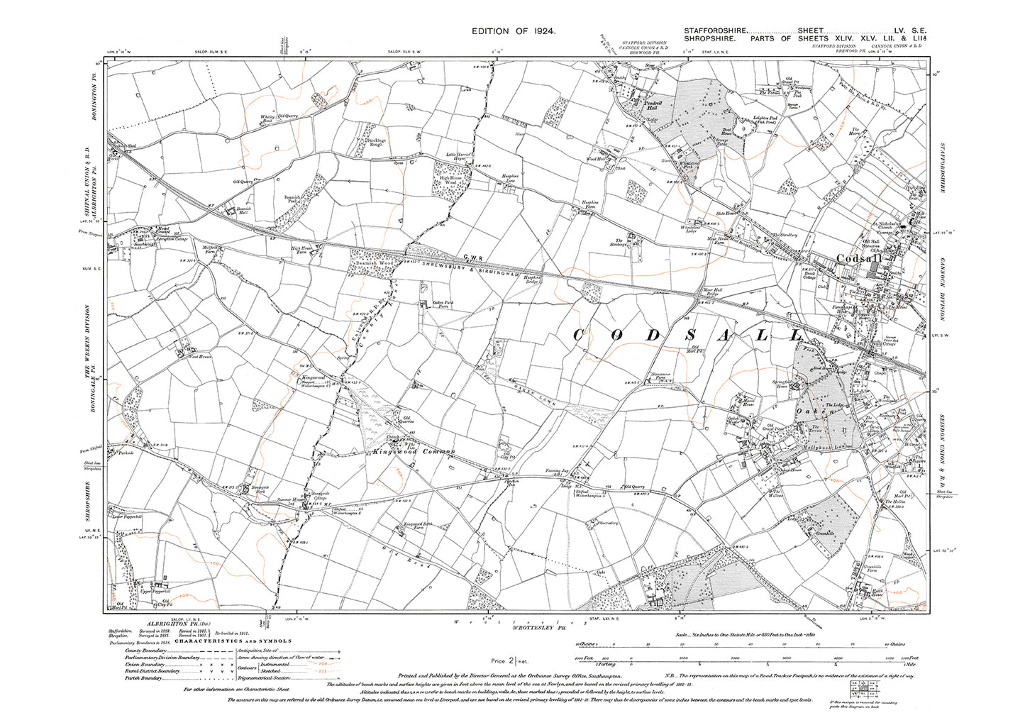 Codsall (west), old map Staffs 1924: 55SE