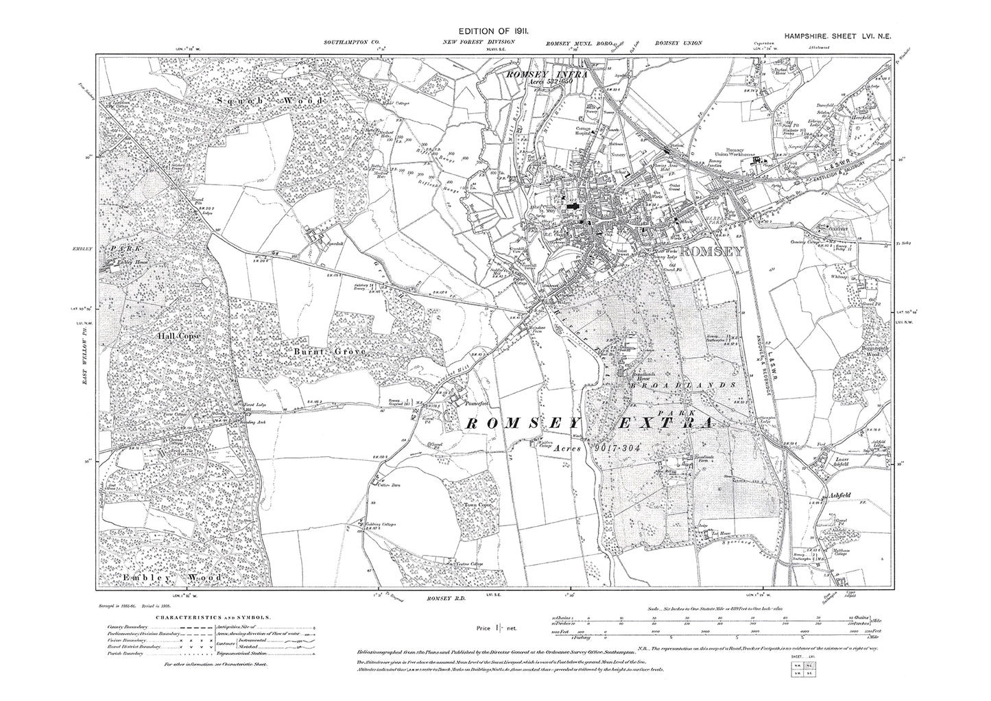 Old OS map dated 1911, showing Romsey in Hampshire - 56NE