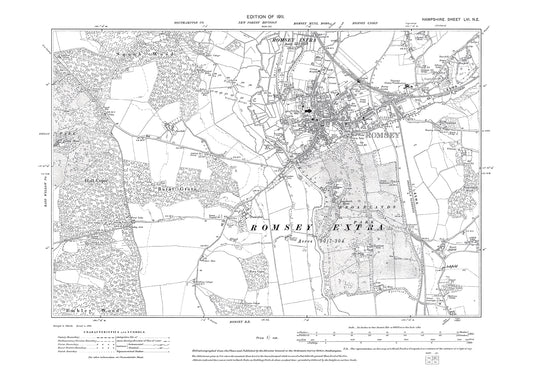 Old OS map dated 1911, showing Romsey in Hampshire - 56NE