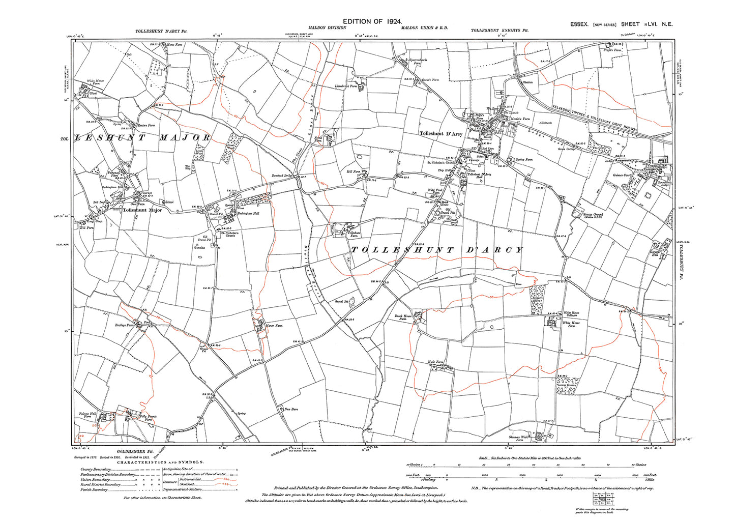 Old OS map dated 1924, showing Tolleshunt D'Arcy and Tolleshunt Major in Essex - 56NE