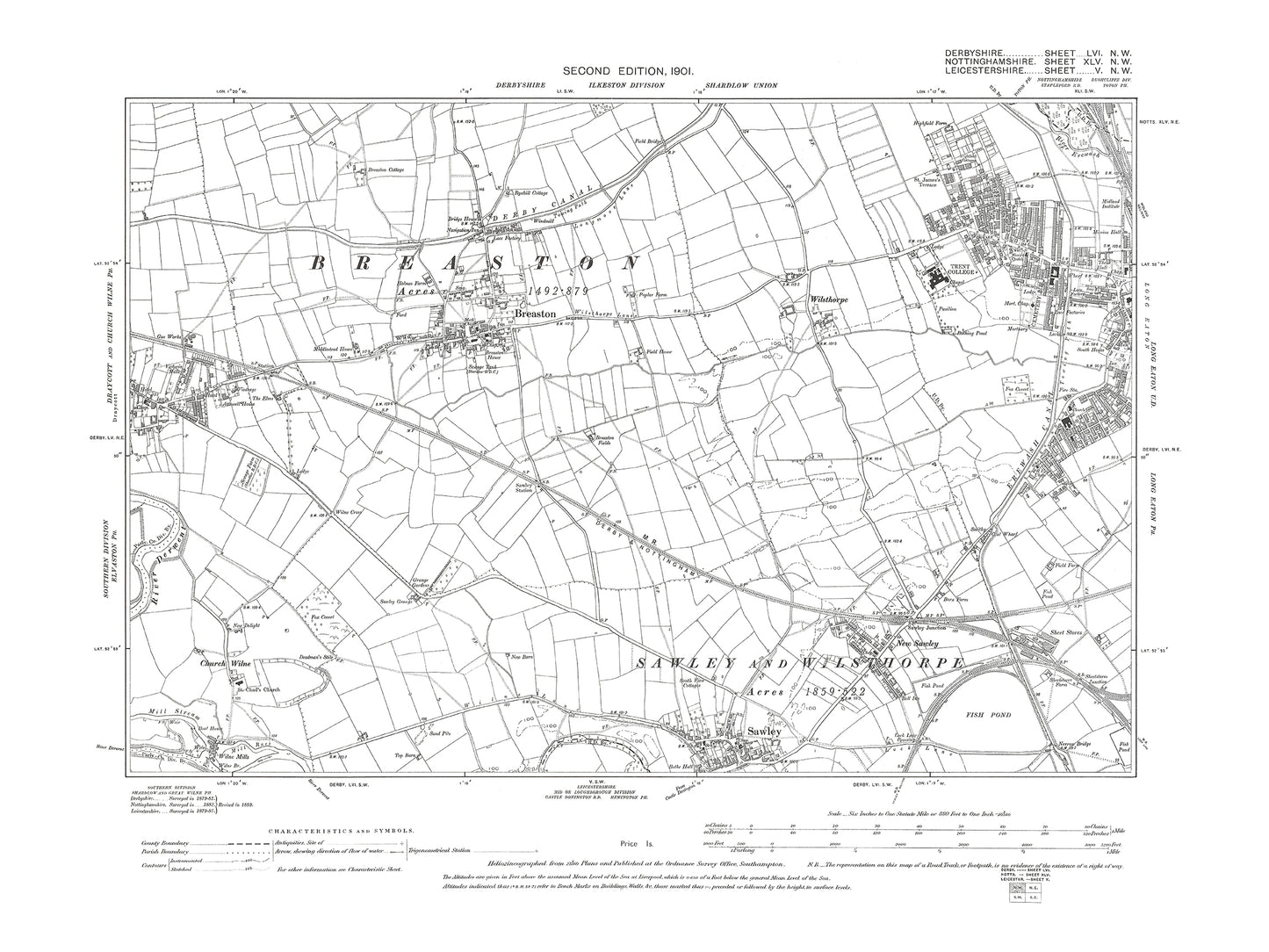 Old OS map dated 1901, showing Long Eaton (west), Breaston in Derbyshire 56NW