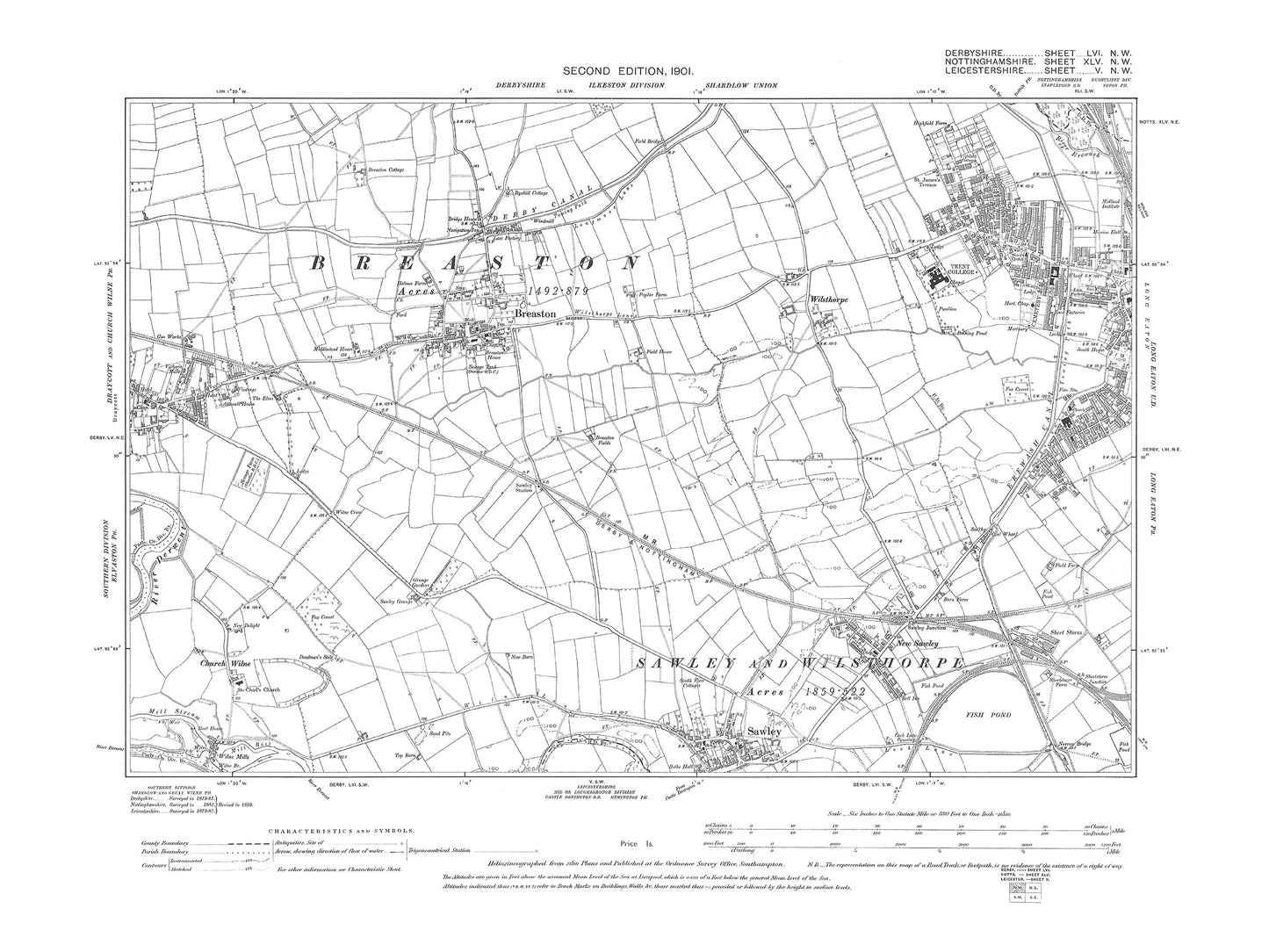 Old OS map dated 1901, showing Draycott (east), Sawley in Derbyshire 56NW