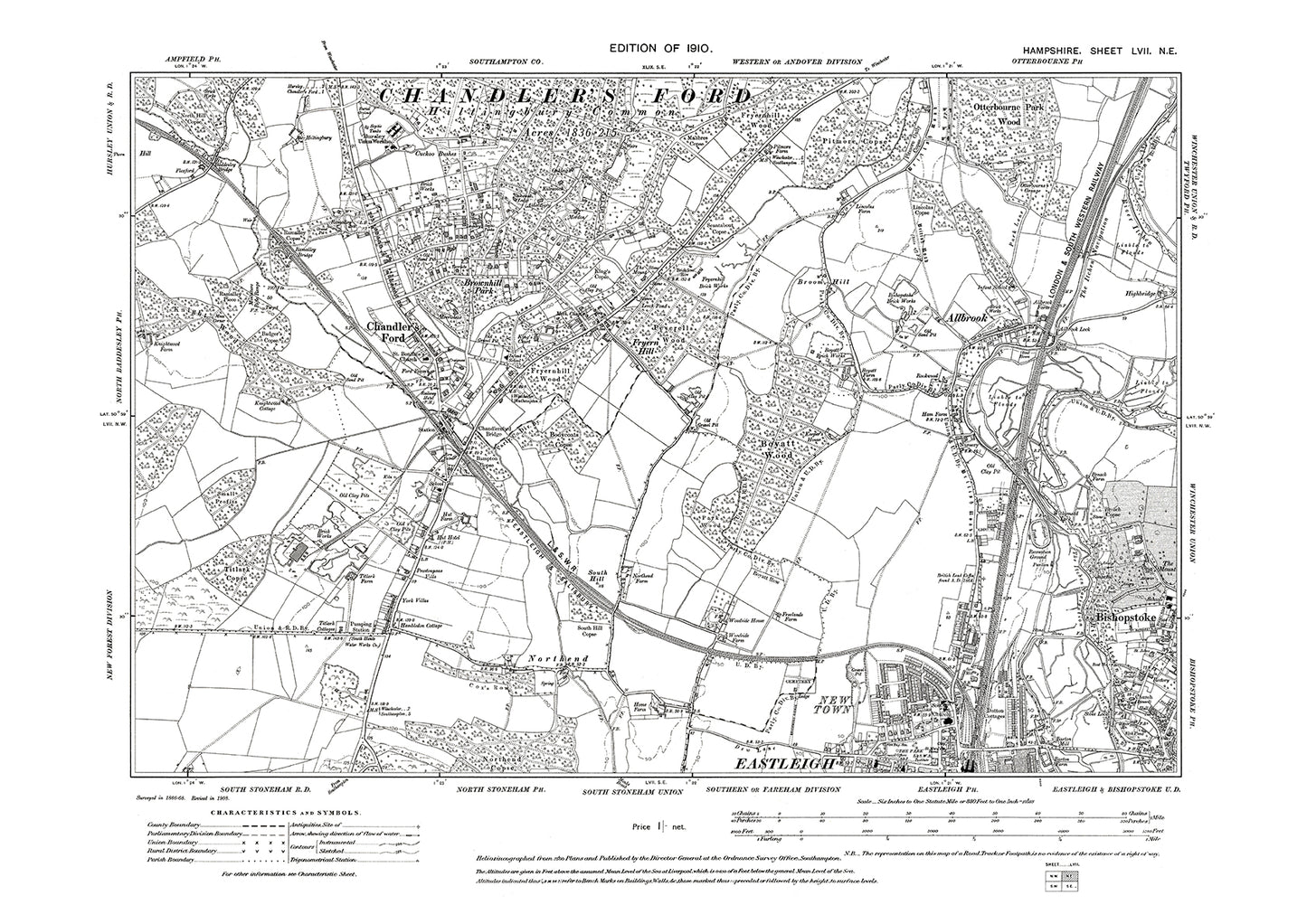 Old OS map dated 1910, showing Chandler Ford, Allbrook in Hampshire - 57NE