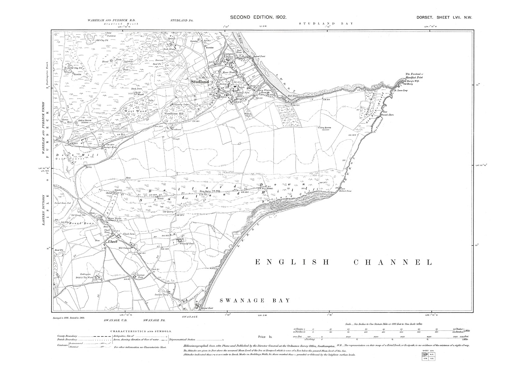 Old OS map dated 1902, showing Studland, Swanage Bay in Dorset - 57NW ...