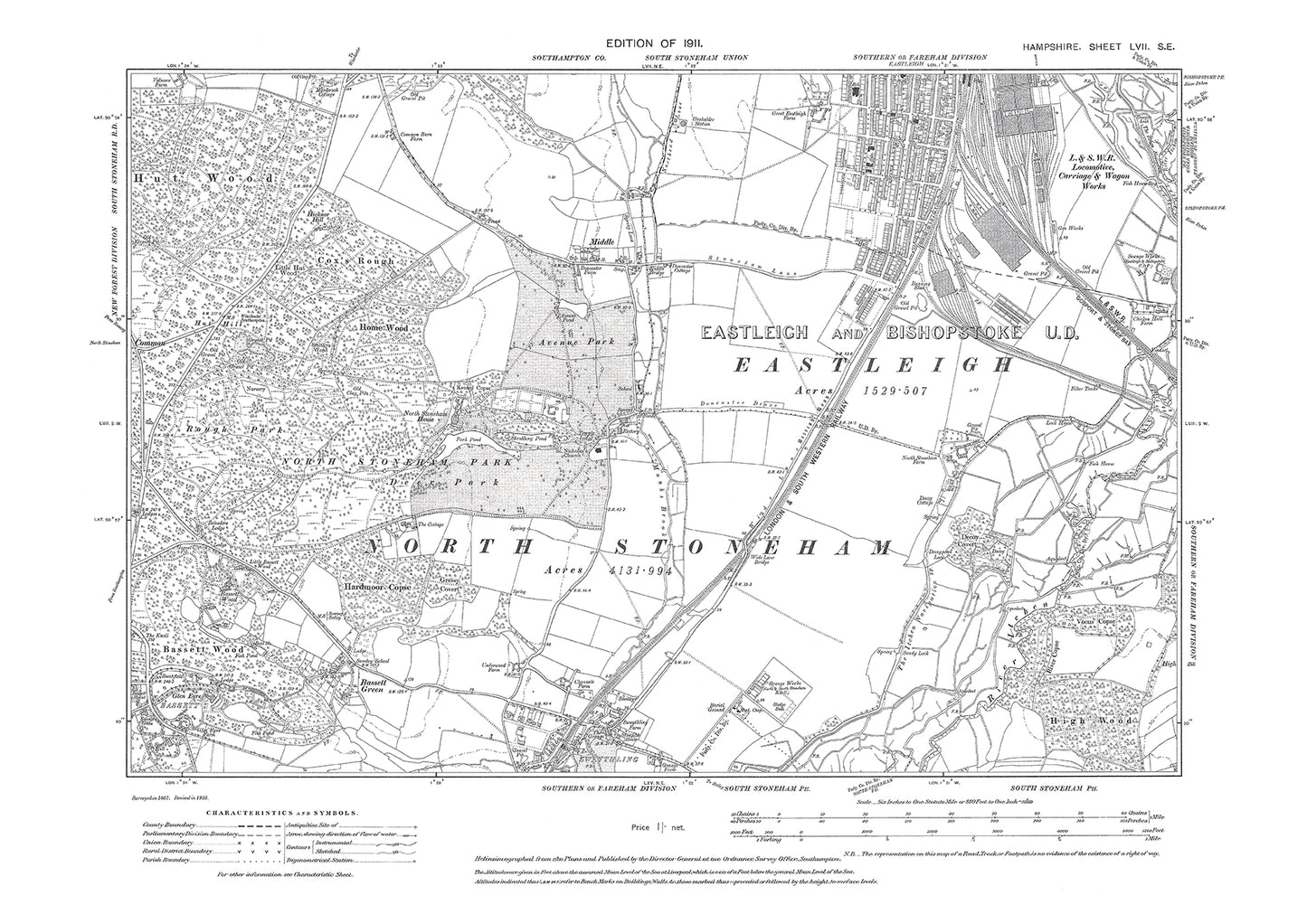 Old OS map dated 1911, showing Eastleigh (south), Swaythling in Hampshire - 57SE