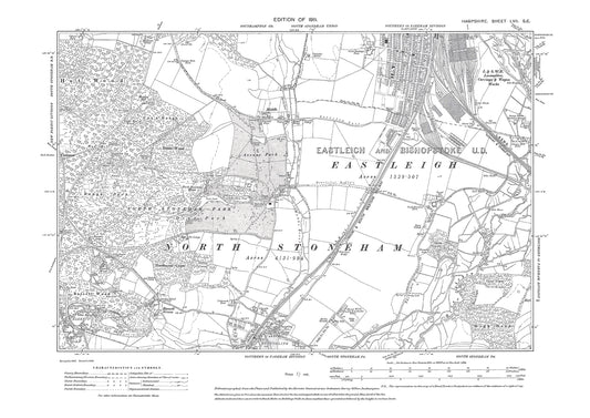 Old OS map dated 1911, showing Eastleigh (south), Swaythling in Hampshire - 57SE