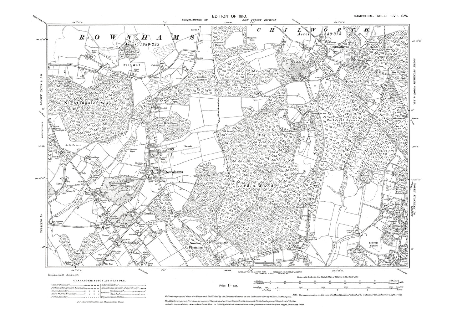 Old OS map dated 1910, showing Bassett (west), Rownhams, Chilworth in Hampshire - 57SW