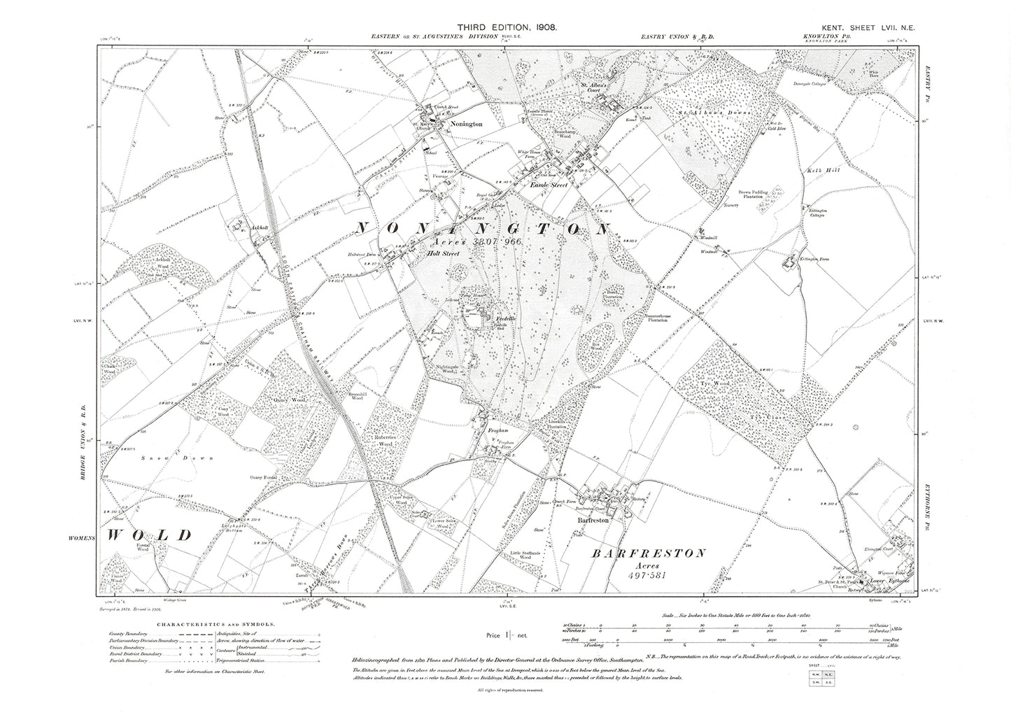 Barfreston, Nonington, Easole Street, old map Kent 1908: 57NE