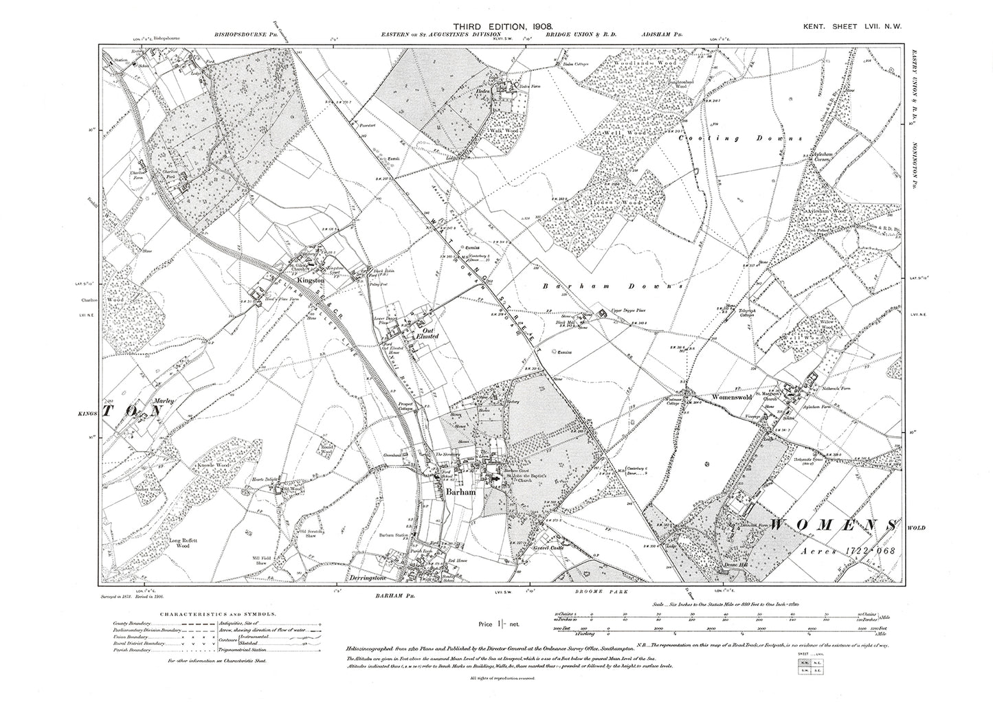 Barham, Derringstone, Kingston, Womenswold, old map Kent 1908: 57NW