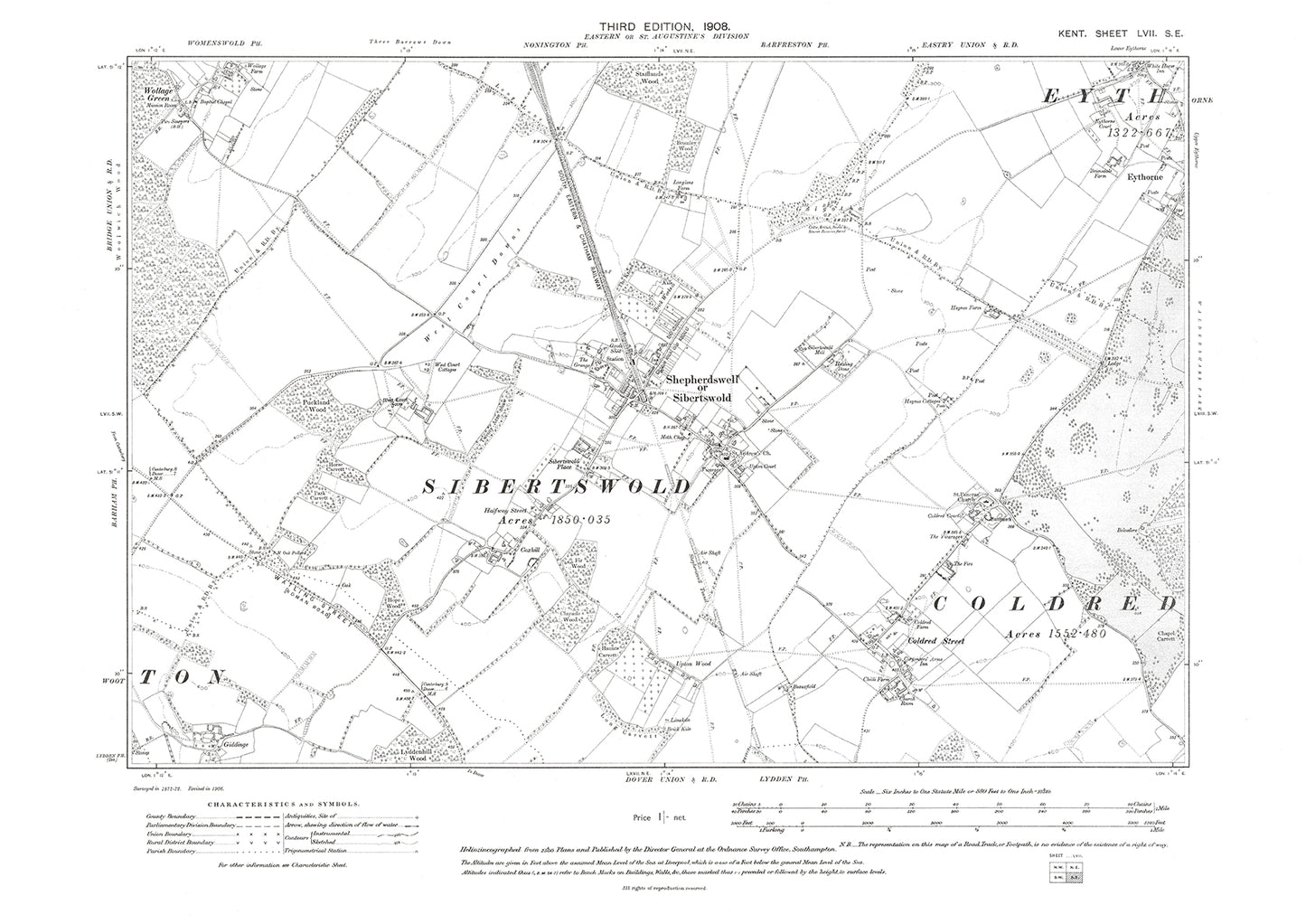 Shepherdswell, Coldred, Eythorne (southwest), old map Kent 1908: 57SE
