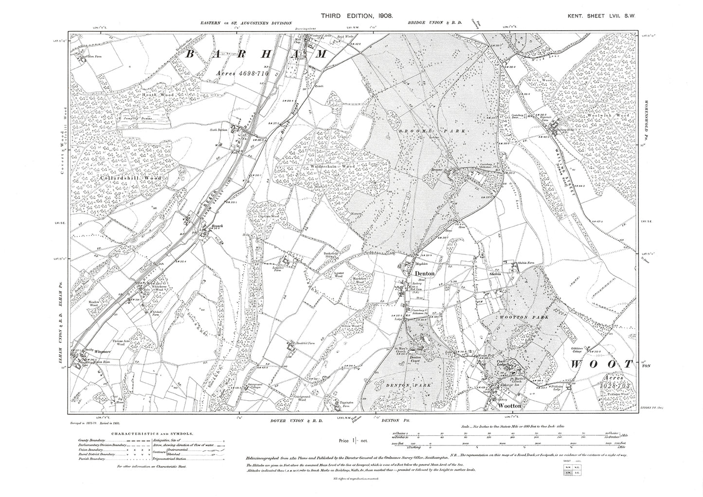 Denton, Wootton, Wigmore, Barham, old map Kent 1908: 57SW