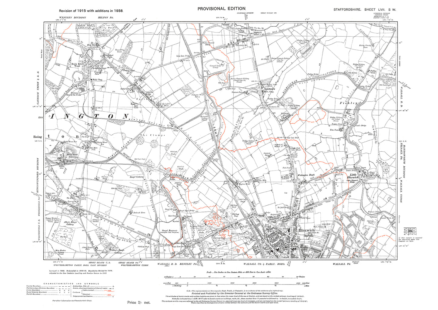 Essington (east), Walsall (north), Bloxwich, Fishley, old map Staffs 1938: 57SW