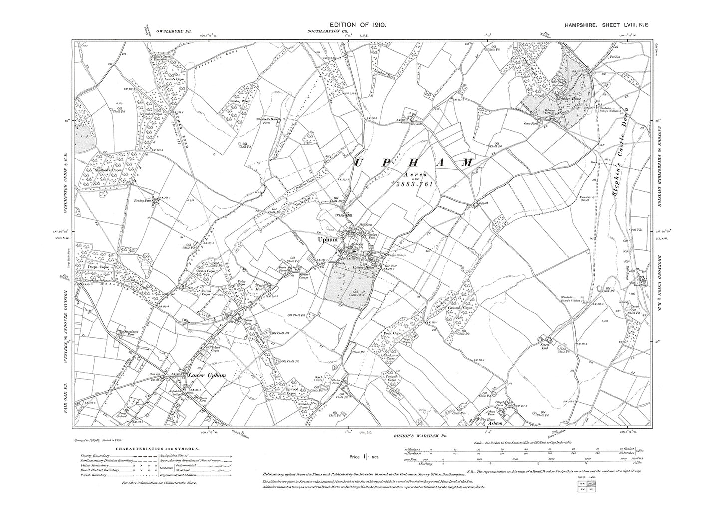 Old OS map dated 1910, showing Upham, Lower Upham in Hampshire - 58NE