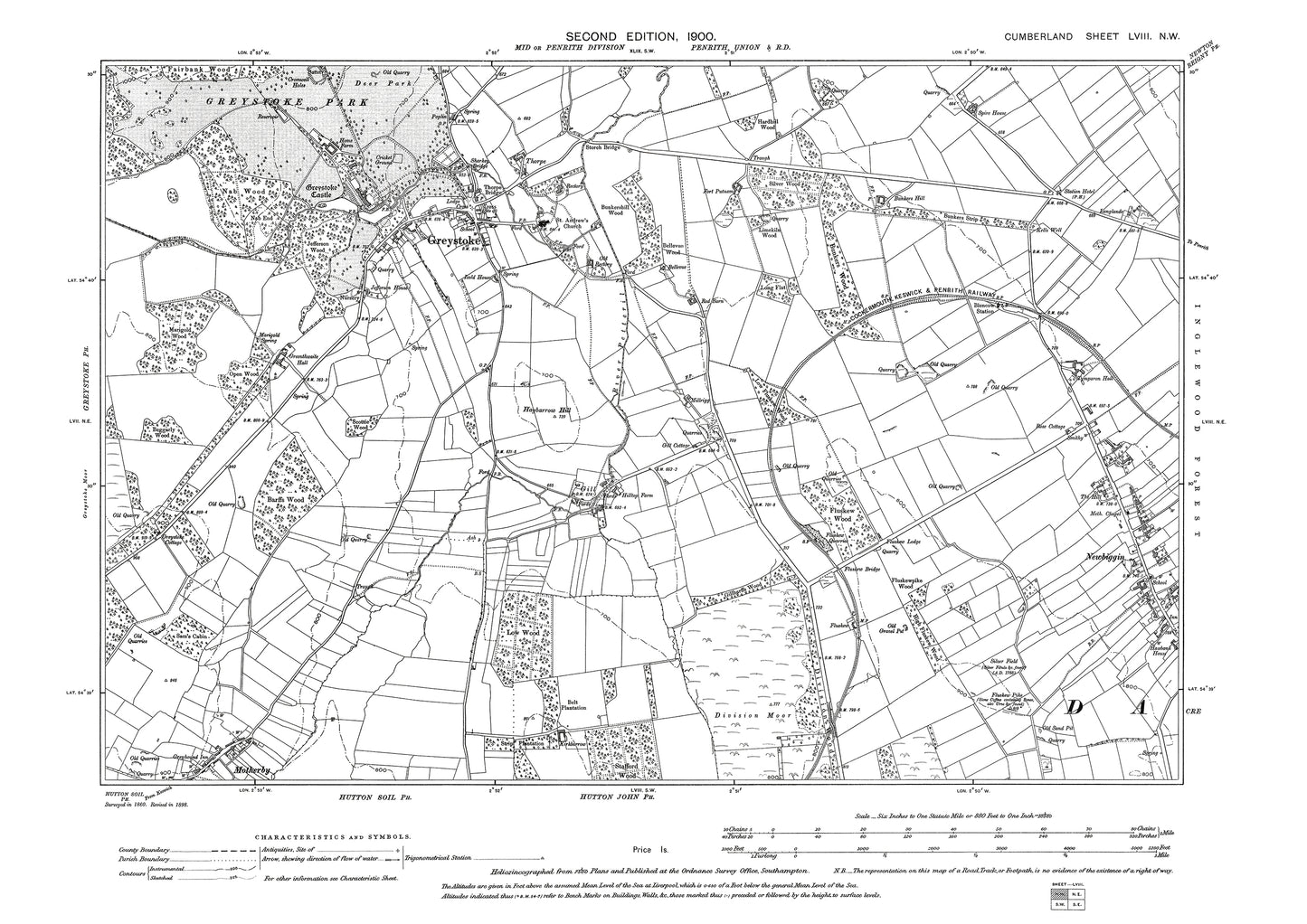 Old OS map dated 1900, showing Greystoke, Newbiggin, Motherby in Cumberland - 58NW