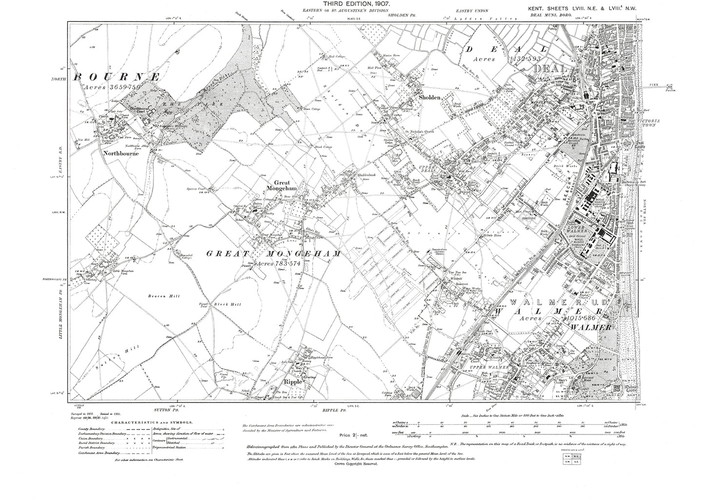 Deal, Walmer, Sholden, Great Mongeham, Northbourne, old map Kent 1908: 58NE