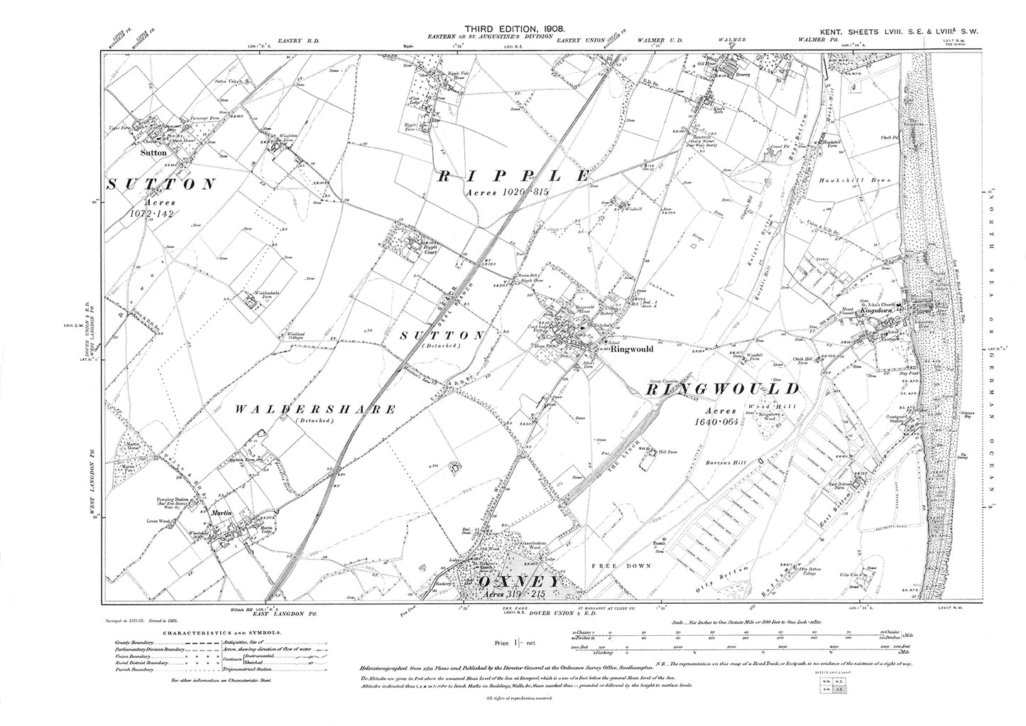 Ringwould, Sutton, Oxney, old map Kent 1908: 58SE-58aSW