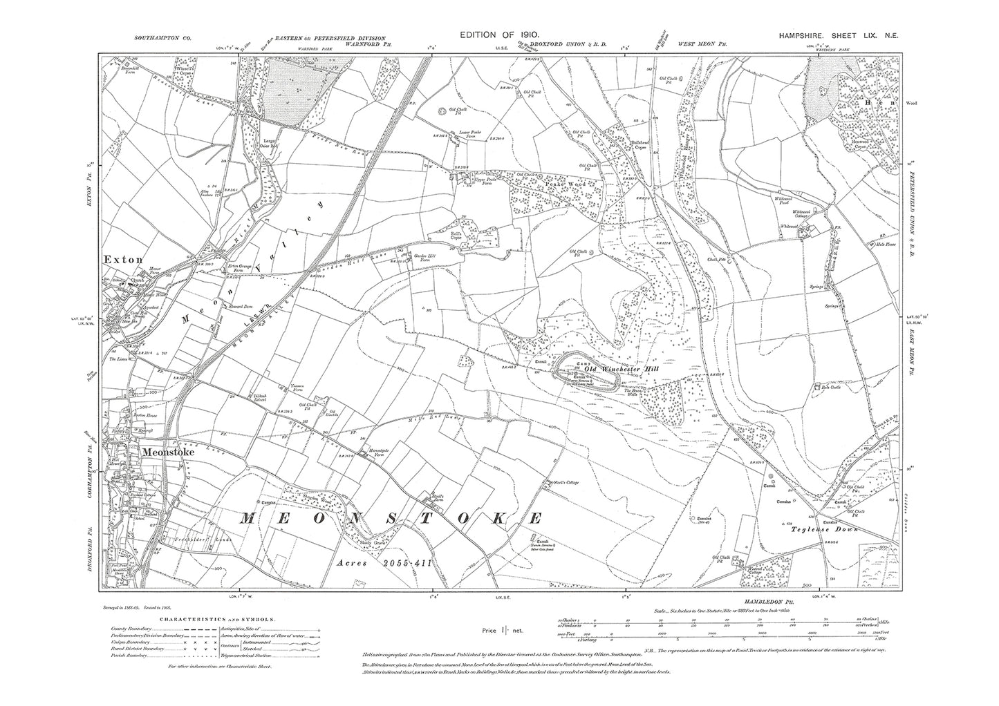 Old OS map dated 1910, showing Exton, Meonstoke in Hampshire - 59NE