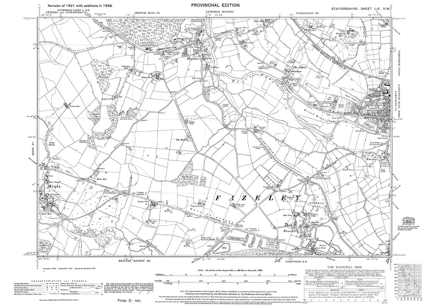 Tamworth (west), Hopwas, Hints (east), Bonehill, old map Staffs 1938: 59SW