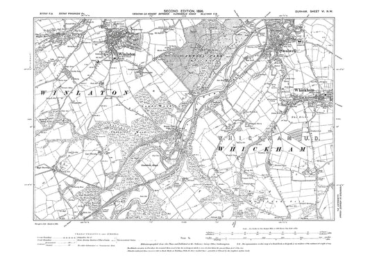 Old OS map dated 1898, showing Winlaton, Swalwell and Whickham in Durham - 6NW