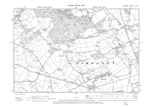 Old OS map dated 1898, showing Lamesley, Kibblesworth and Ravensworth Castle in Durham - 6SE