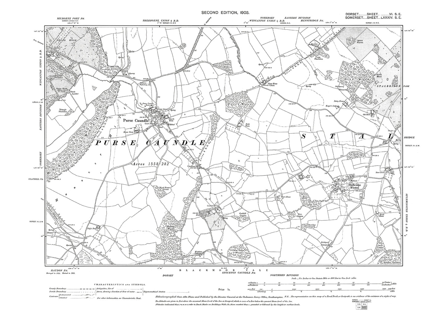 Old OS map dated 1903, showing Purse Caundle, Stalbridge Weston in Dorset - 6SE