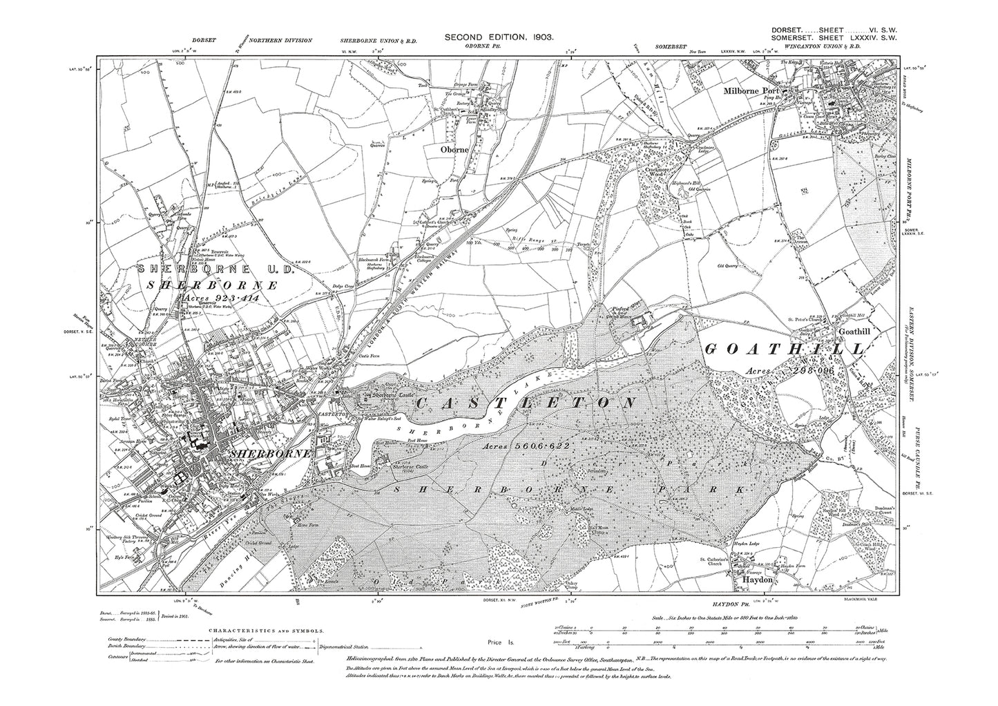 Old OS map dated 1903, showing Sherborne, Oborne, Haydon (north) in Dorset - 6SW