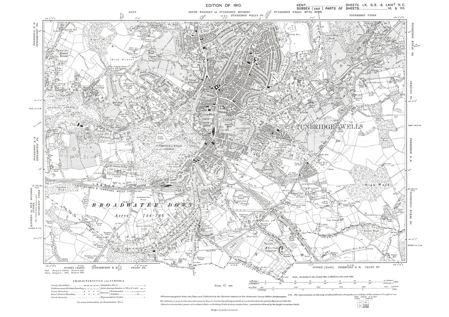 Tunbridge Wells, old map Kent 1910: 60SE-69aNE