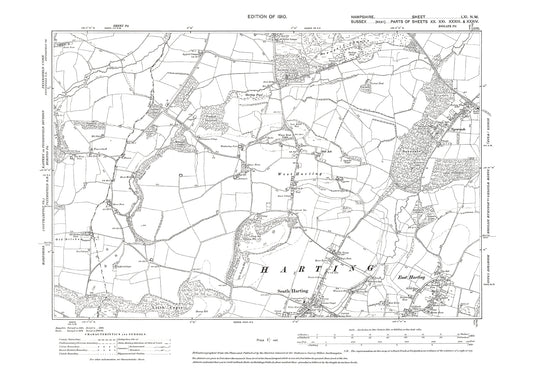 Old OS map dated 1910, showing East Harting, South Harting, Nyewoods in Hampshire - 61NW