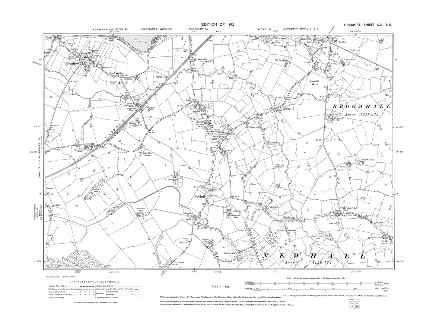 Old OS map dated 1912, showing Wrenbury, Aston, Newhall in Cheshire 61SE