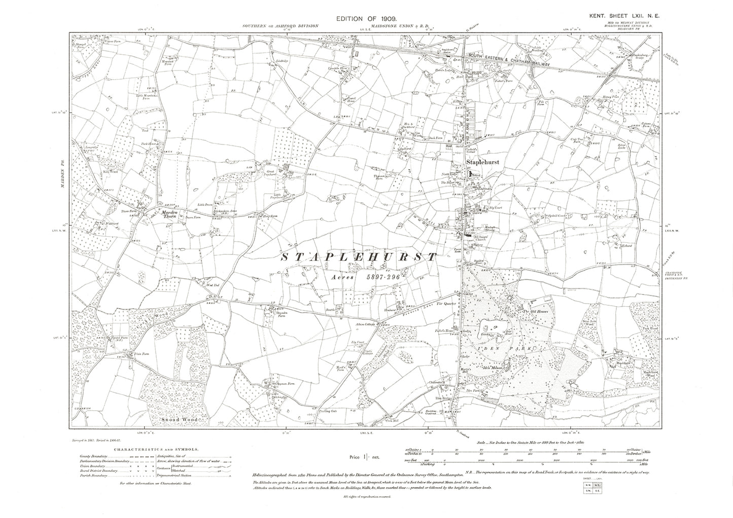 Staplehurst, old map Kent 1909: 62NE