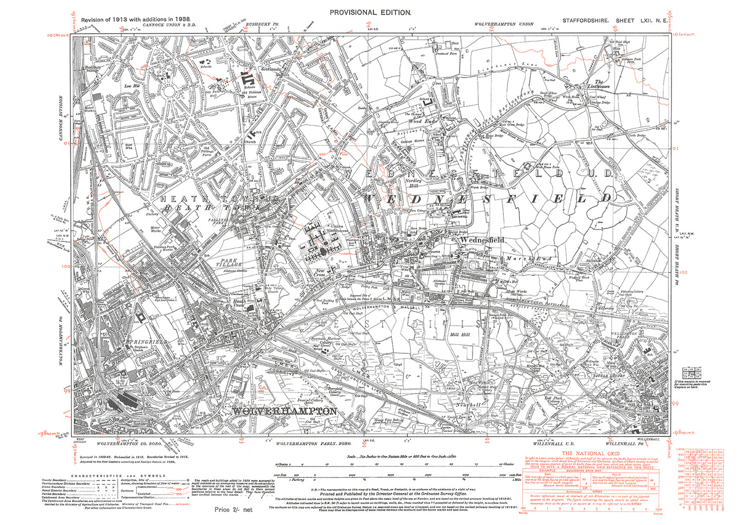 Wolverhampton (northeast), Bushbury (south), Wednesfield, Willenhal (northwest), old map Staffs 1938: 62NE