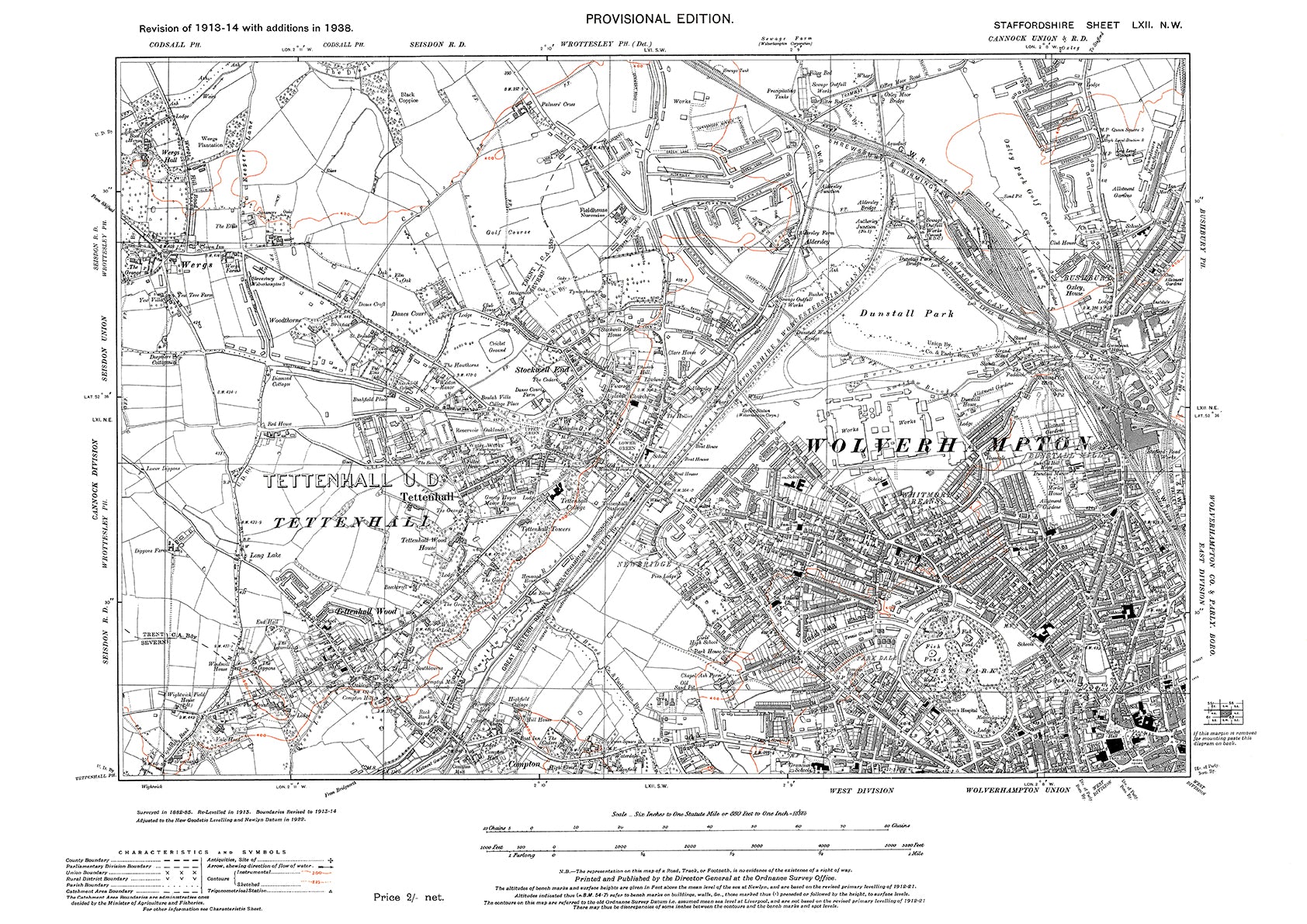 Wolverhampton (northwest), Tettenhall, old map Staffs 1938: 62NW – Old ...