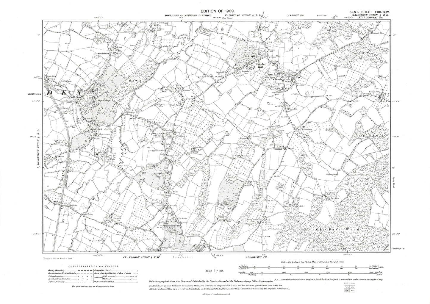 Horsemonden, Cranbrook (north), old map Kent 1909: 62SW