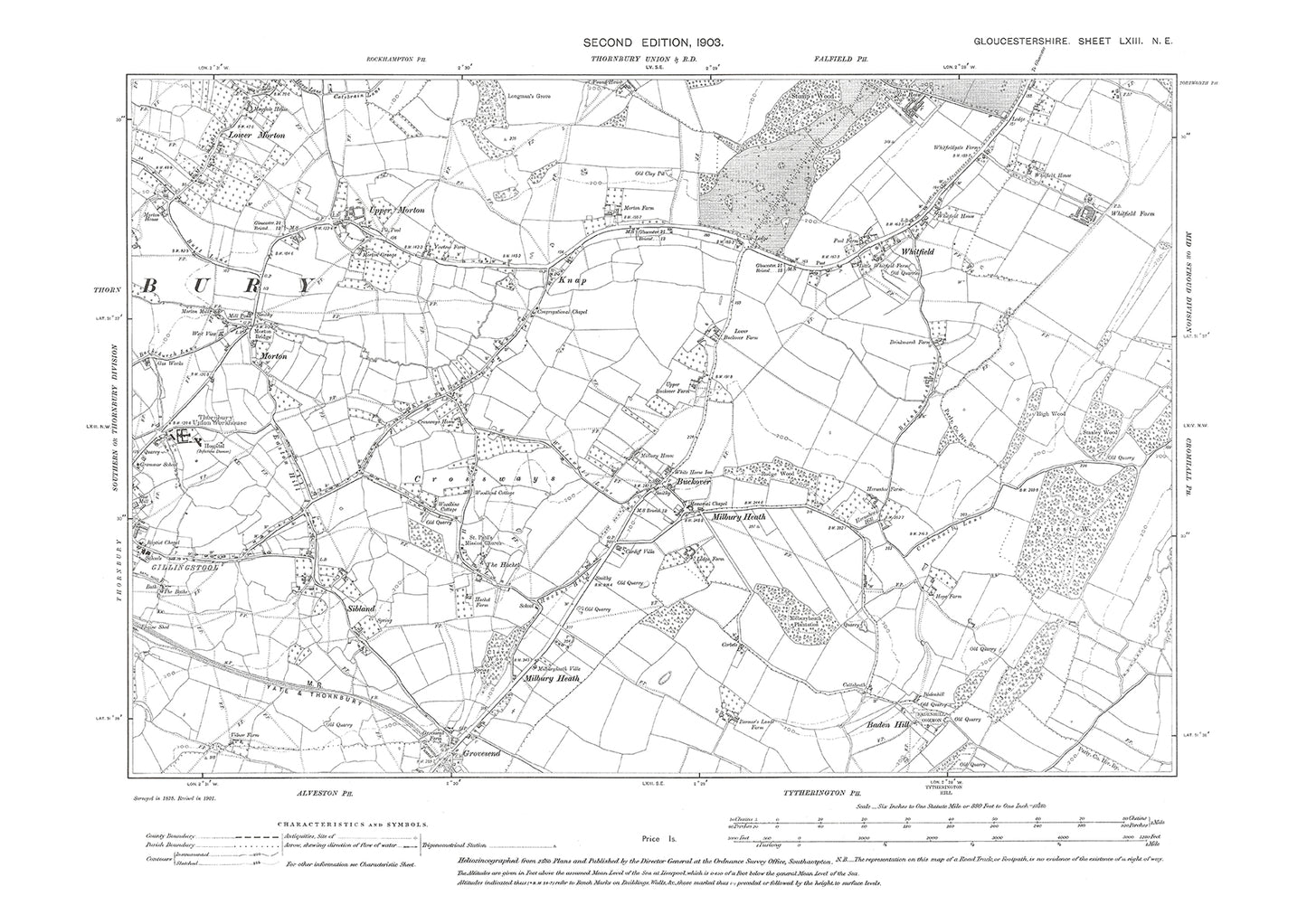 Old OS map dated 1903, showing Morton, Whitfield, Thornbury (east), Milbury Heath, Grovesend in Gloucestershire - 63NE