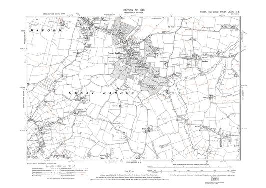 Old OS map dated 1923, showing Chelmsford (south), Great Baddow and Sandon in Essex - 63NE
