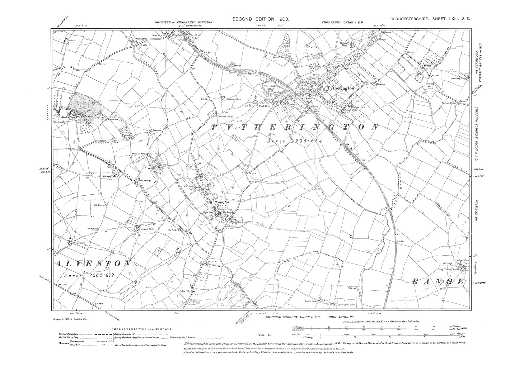 Tockington Map Old OS map dated 1903, showing Tytherington, Itchington in Gloucesters ...