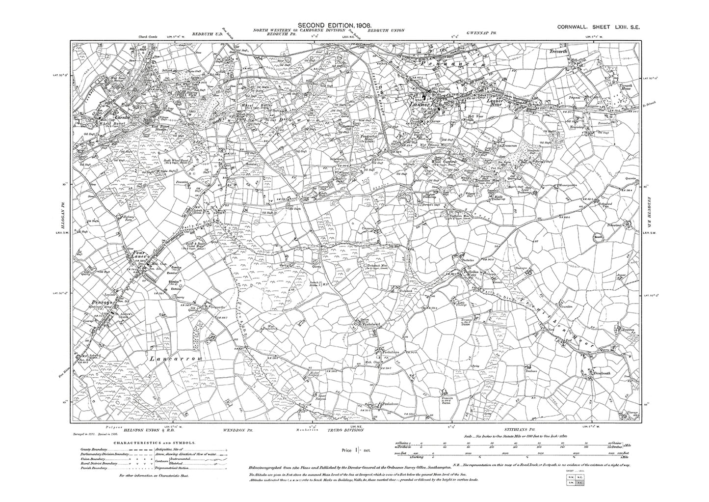 Lanner, Carnkie, Four Lanes, Pencoys, old map Cornwall 1908: 63SE