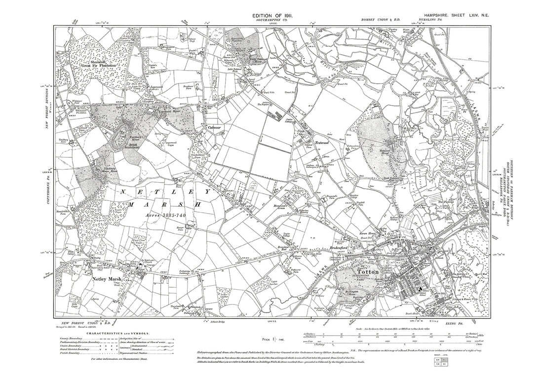 Old OS map dated 1911, showing Totton, Netley Marsh in Hampshire - 64N ...