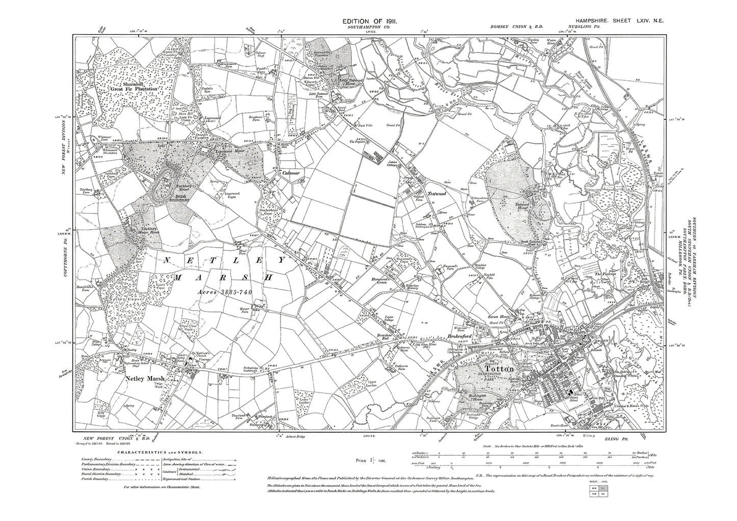 Old OS map dated 1911, showing Totton, Netley Marsh in Hampshire - 64NE