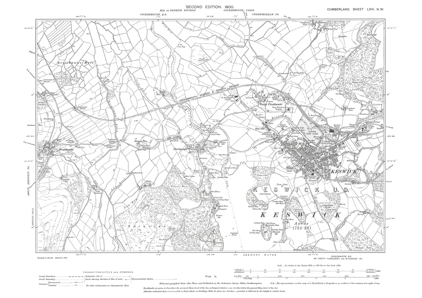 Old OS map dated 1900, showing Keswick, Portinscale, Braithwaite in Cumberland - 64NW