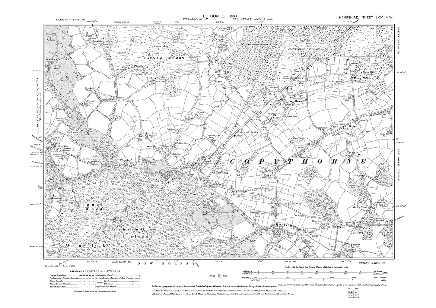 Old OS map dated 1910, showing Cadnam, Winsor, Copythorne, Bartley in Hampshire - 64NW