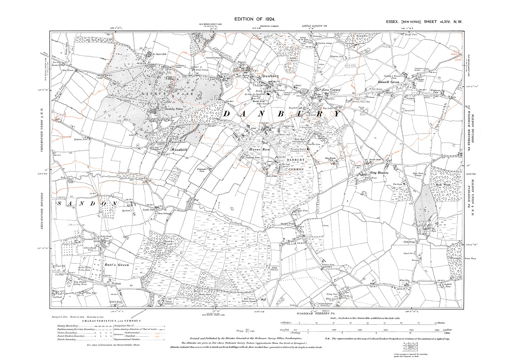 Old OS map dated 1924, showing Danbury, Runsell Green, Gay Bowers and ...