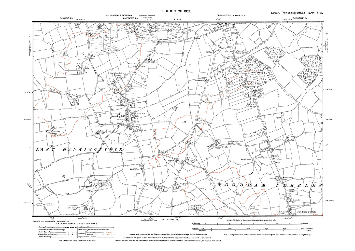 Old OS map dated 1924, showing East Hanningfield, Bicknacres and Woodham Ferrers (north) in Essex - 64SW