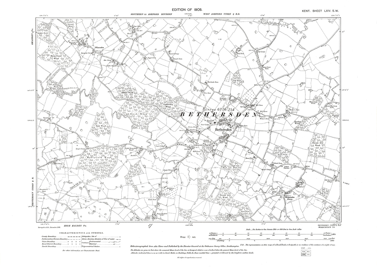 Bethersden, old map Kent 1908: 64SW